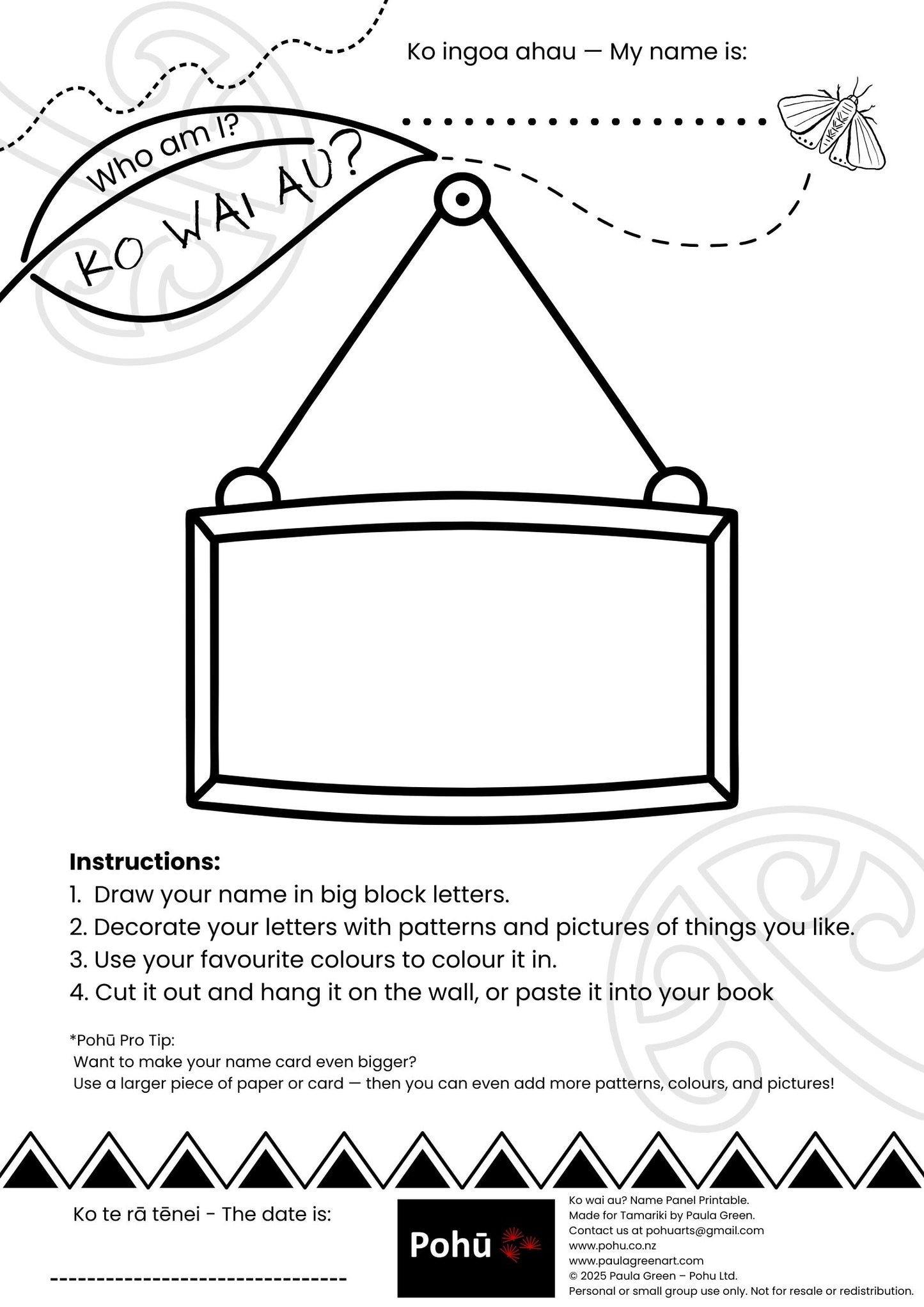 Ko Wai Au name panel Pohū printable FREE