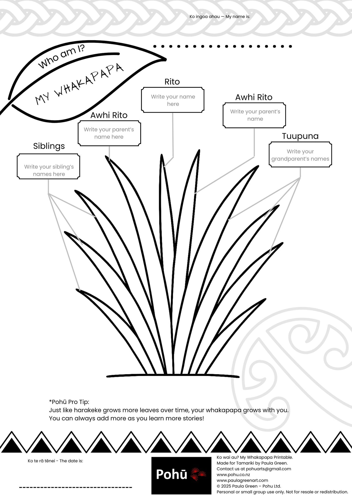 My Whakapapa Pohū printable
