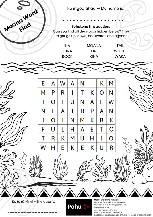 Moana Word Find Pohū printable