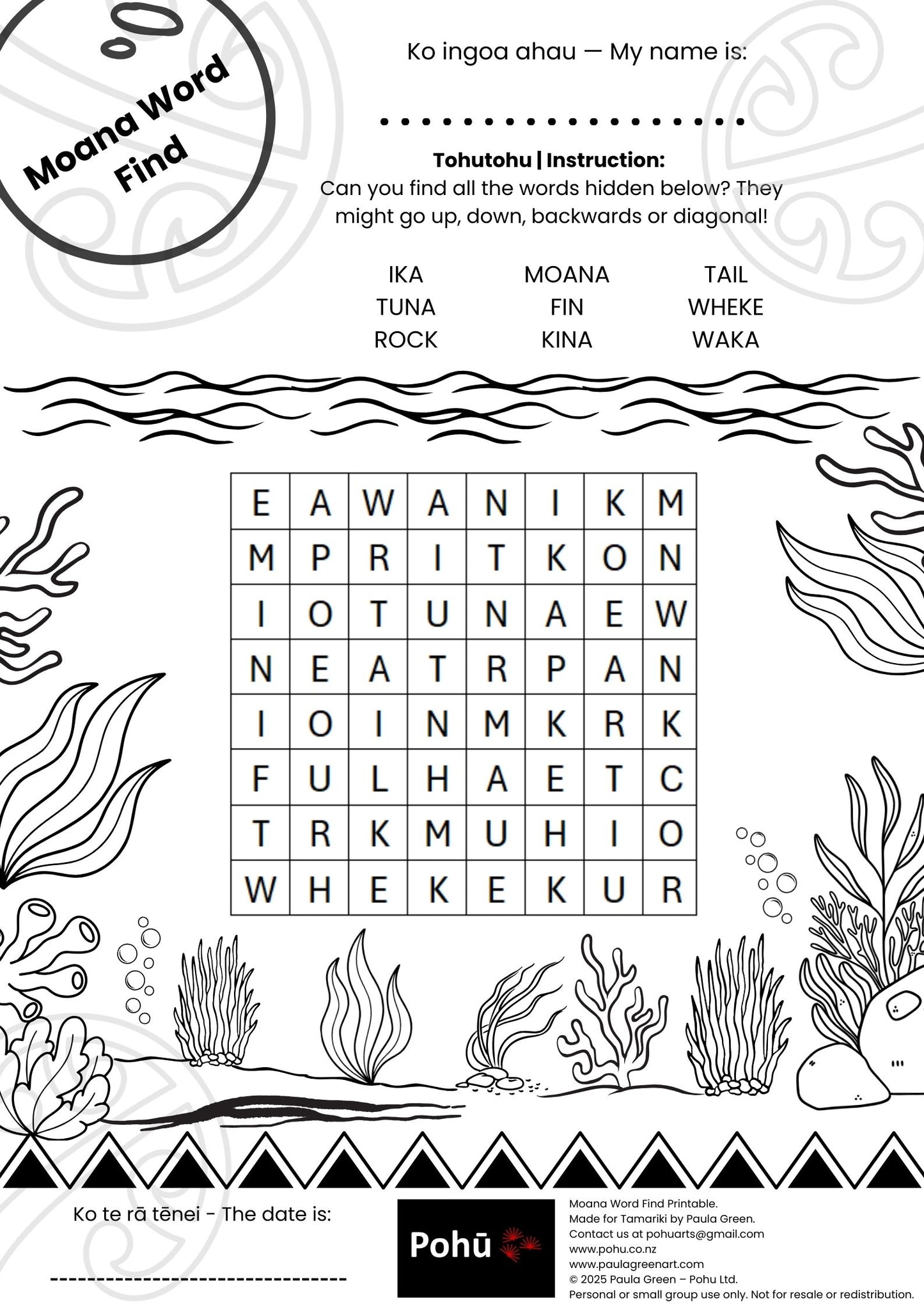 Moana Word Find Pohū printable